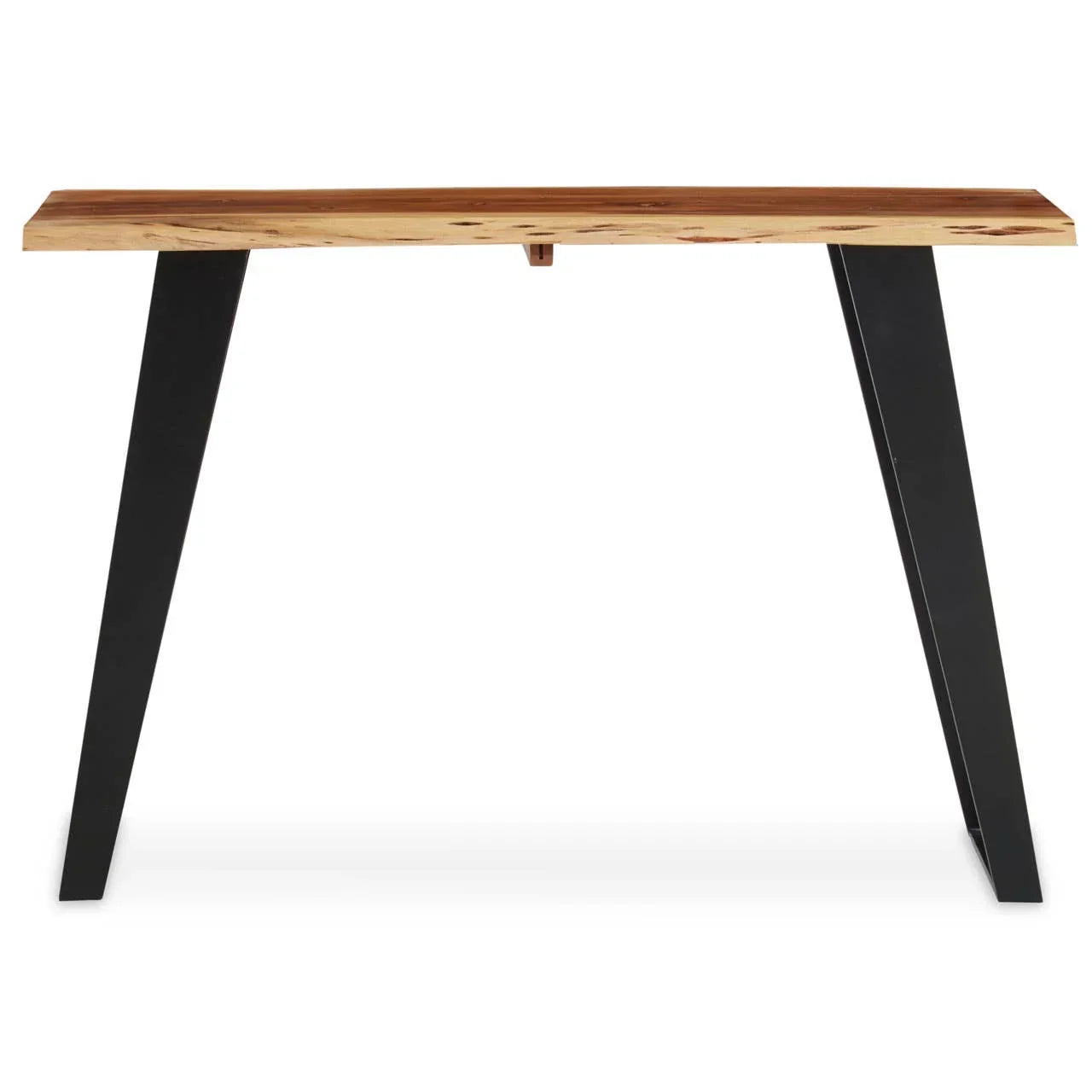 Modern console table with natural wood top and black metal legs, front view