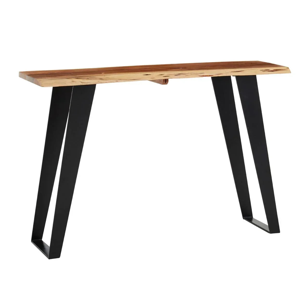 Wood and metal console table with angled black legs and natural finish top