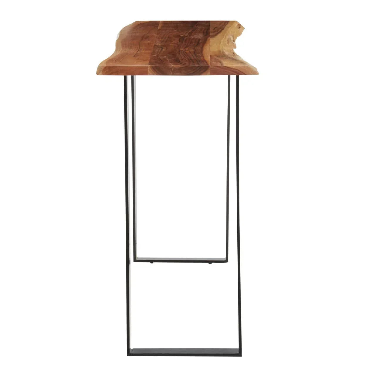 Live edge wooden console table with black metal legs, front view