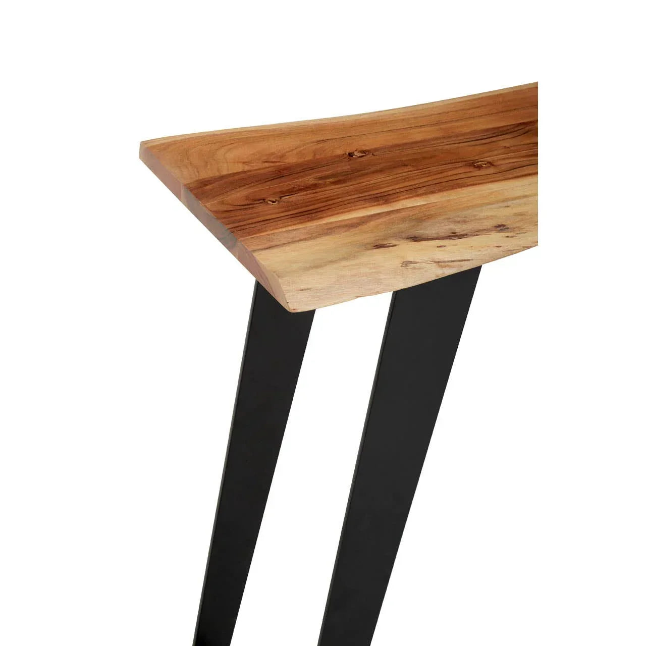 Solid wood console table top with natural grain and black angled metal legs