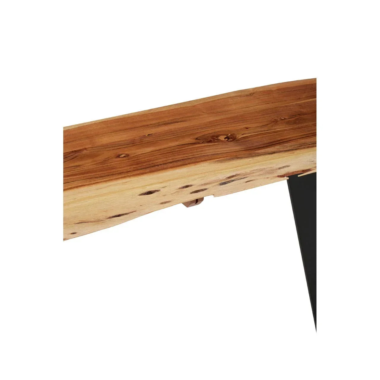 Live edge wooden dining table close-up showing natural grain and black metal legs
