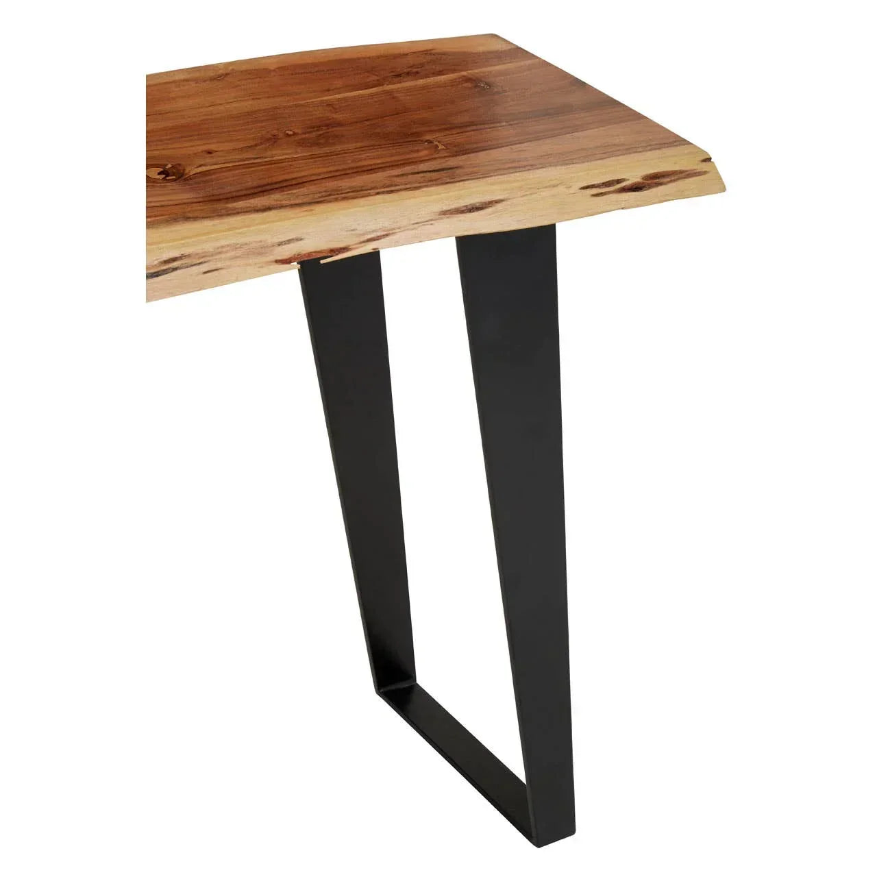Live edge wood dining table with black metal angled leg, close-up corner view