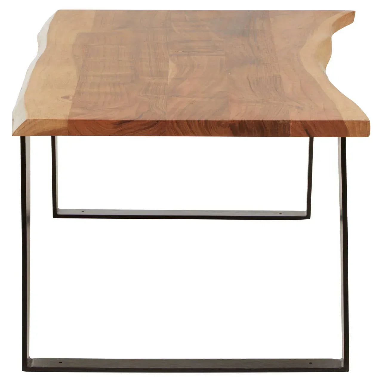 Live edge wood dining table with metal legs, natural grain and rectangular shape