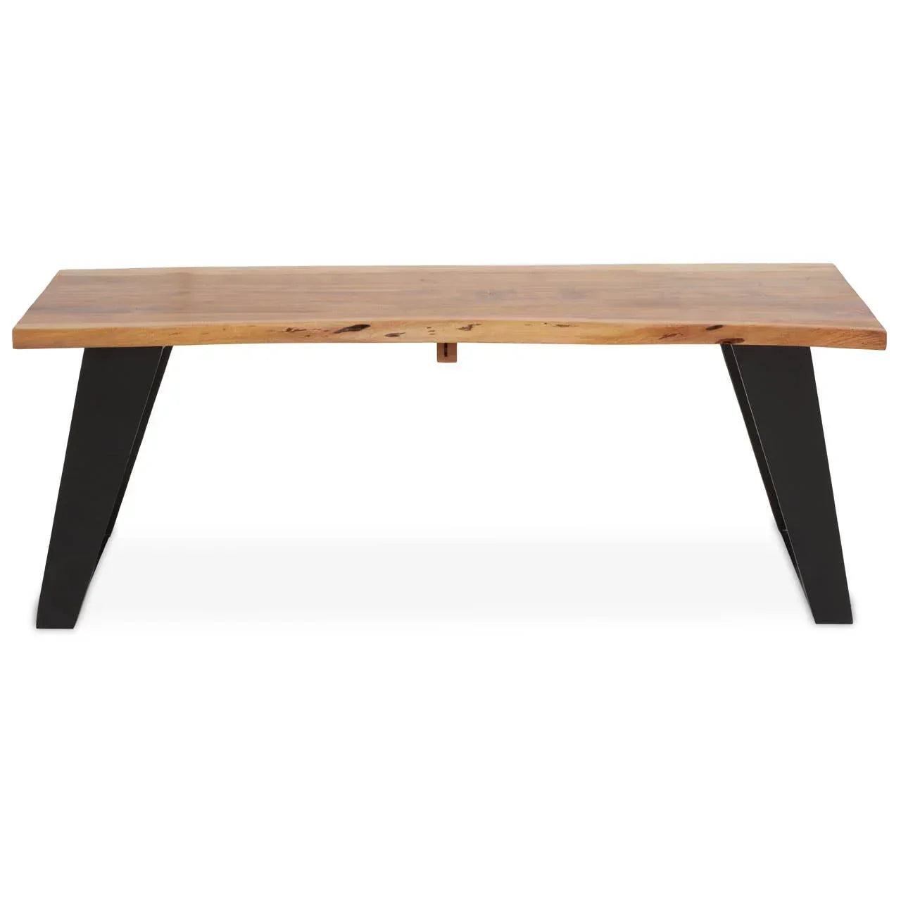 Wood dining bench with black metal legs and natural finish, front view