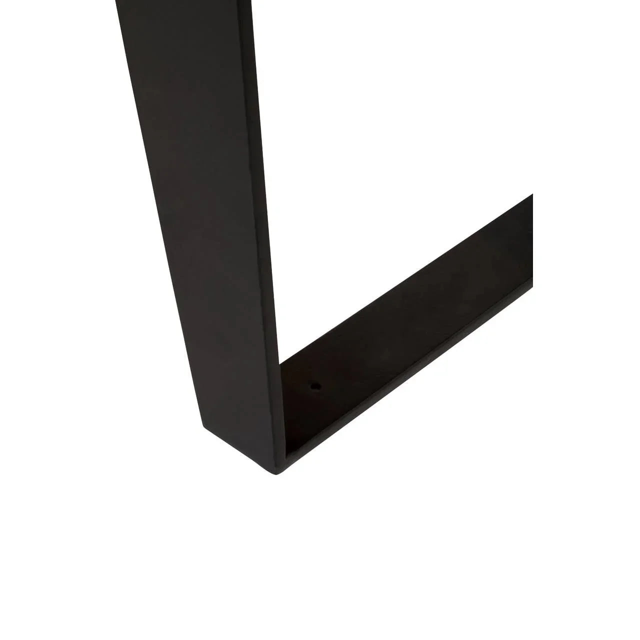 Black metal table leg with modern square design, shown from a close corner angle