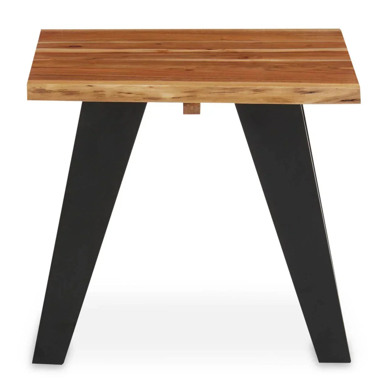 Rectangular wood side table with black metal angled legs, modern design