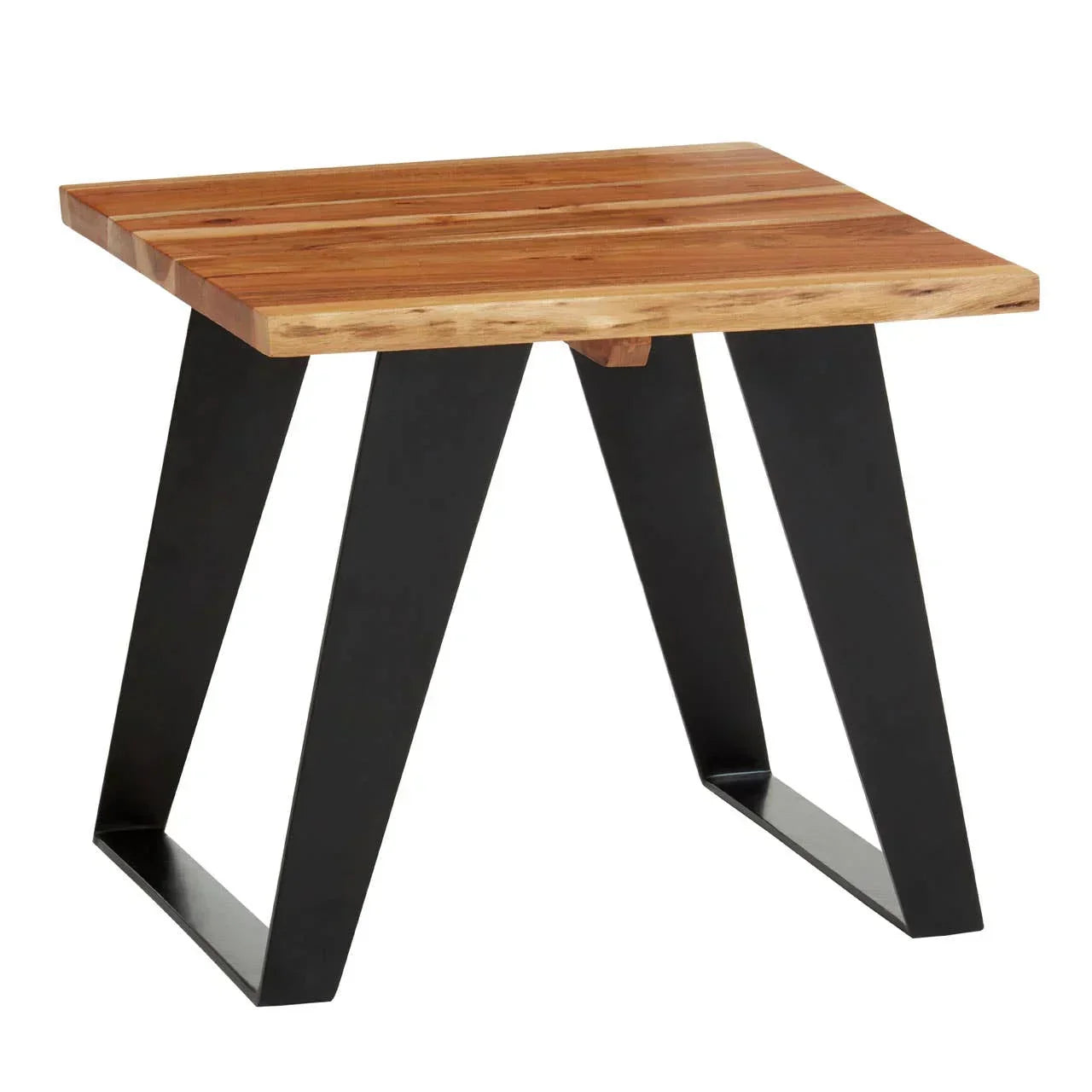 square wooden side table with black metal angled legs