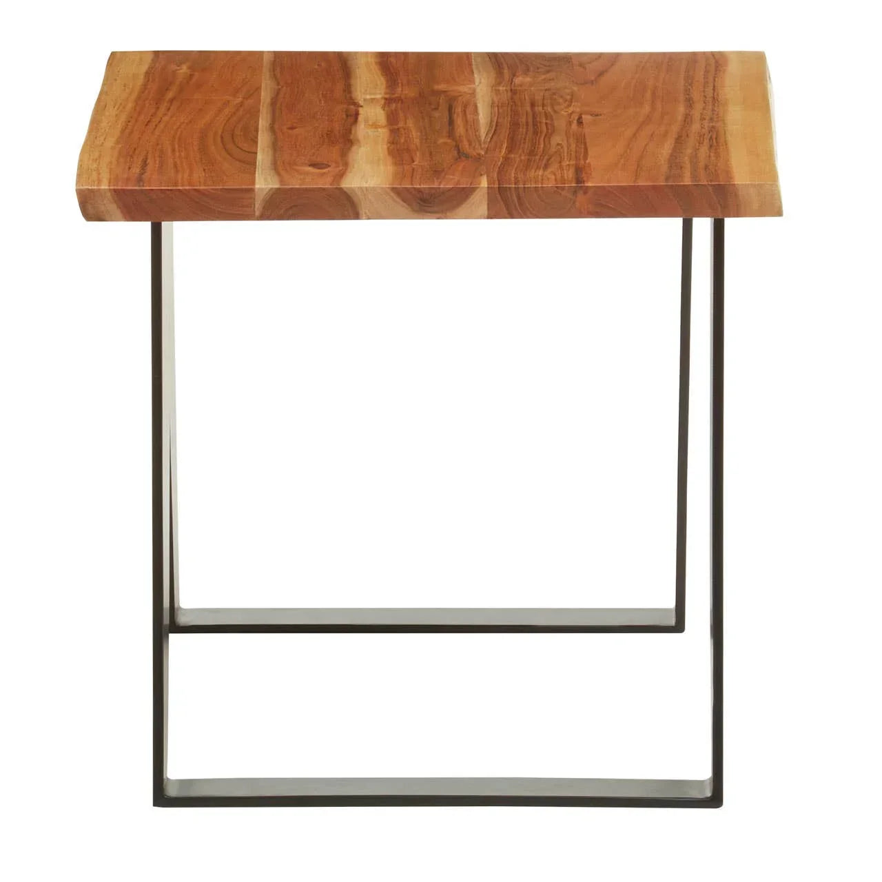 Modern side table with solid wood top and black metal frame