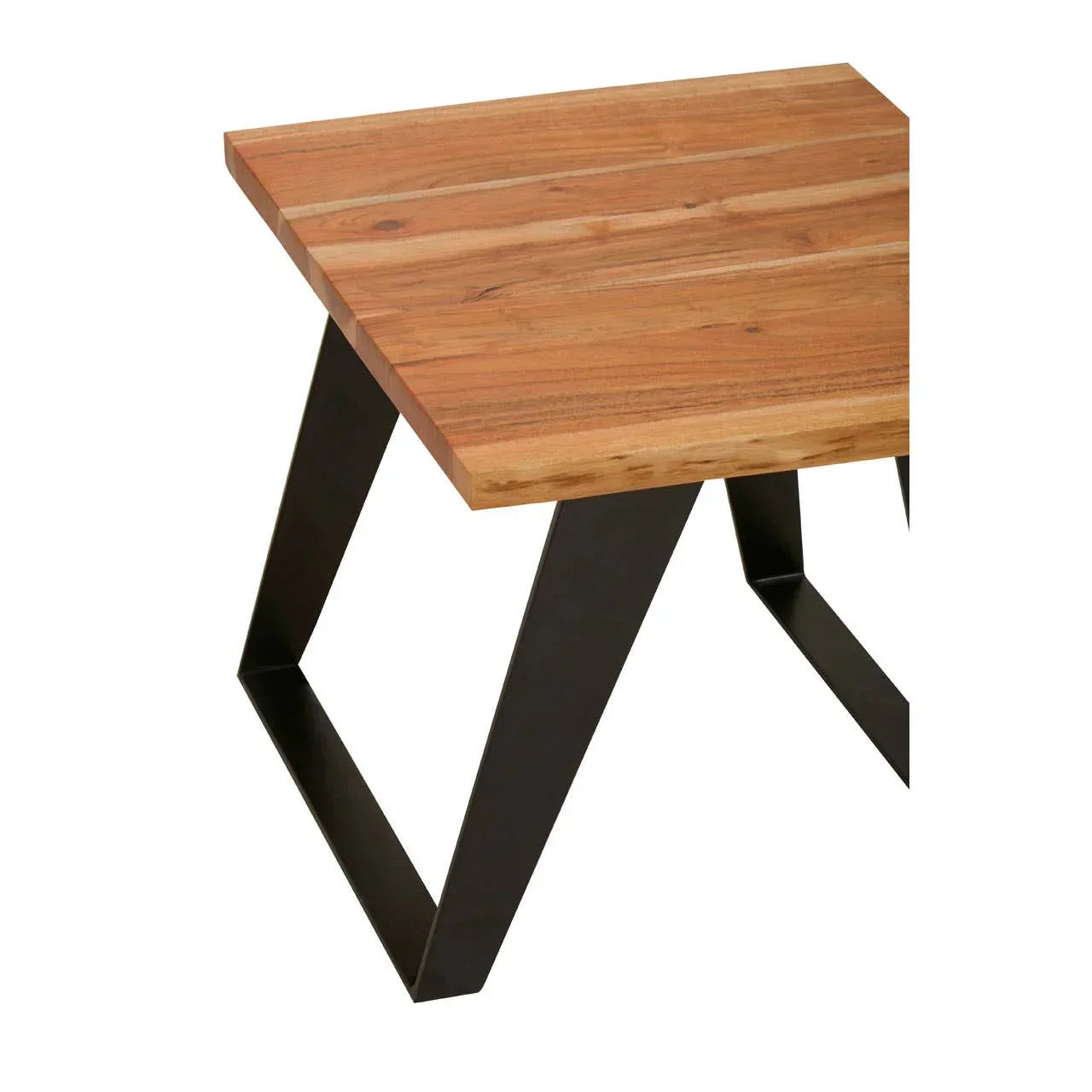 Solid wood dining table with black metal legs, corner angle view