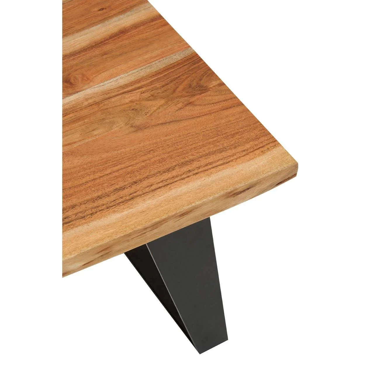 Solid wood dining table corner with natural grain and black metal leg