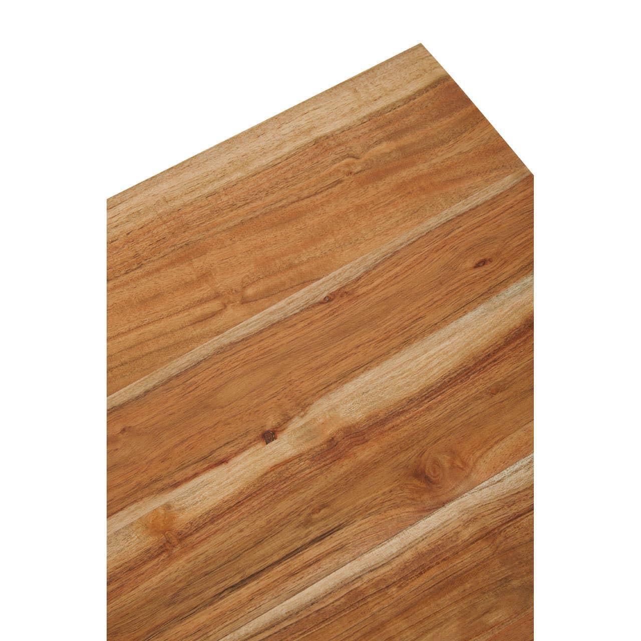 Corner detail of acacia wood table top with natural grain pattern