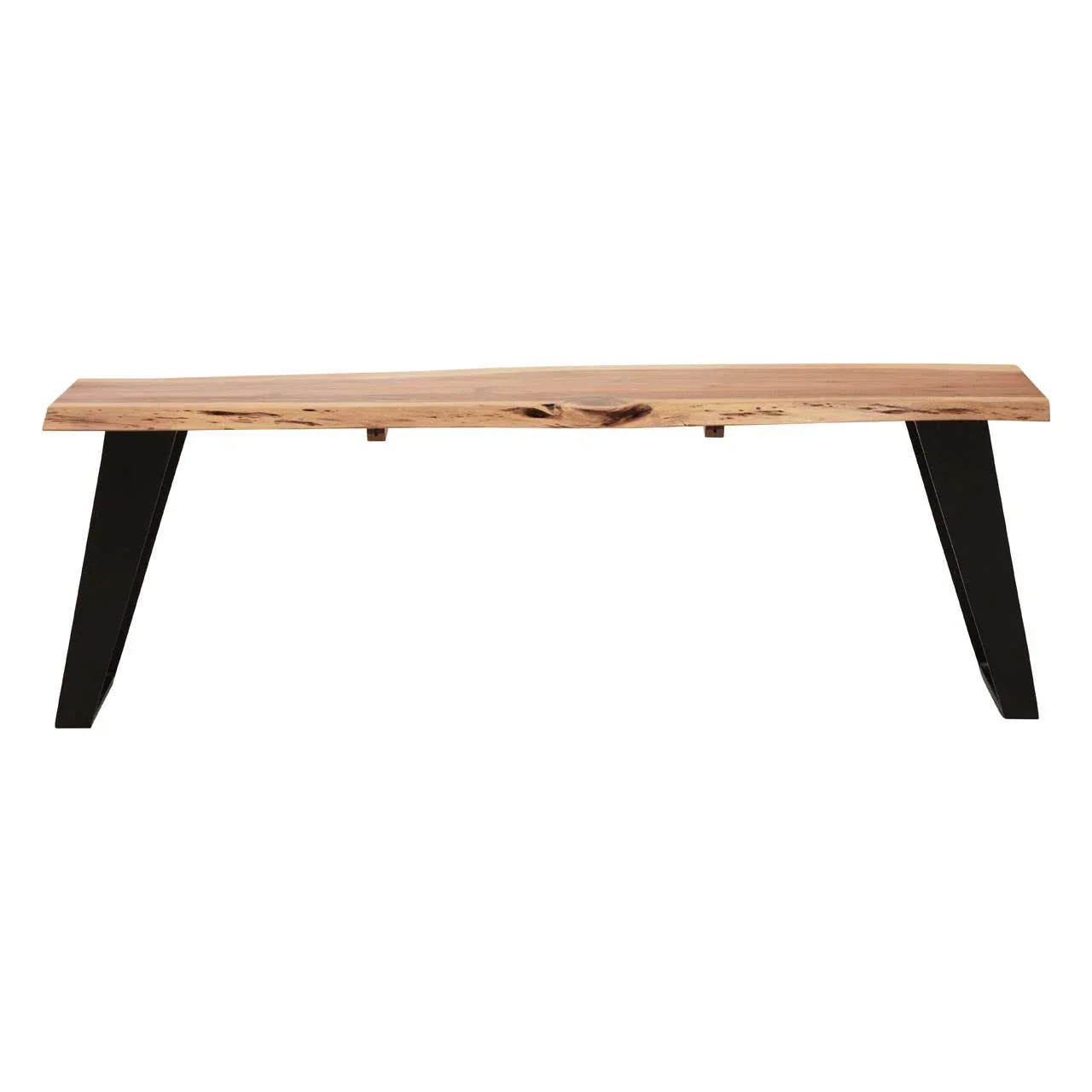 Modern wooden dining bench with black metal legs and natural edge design