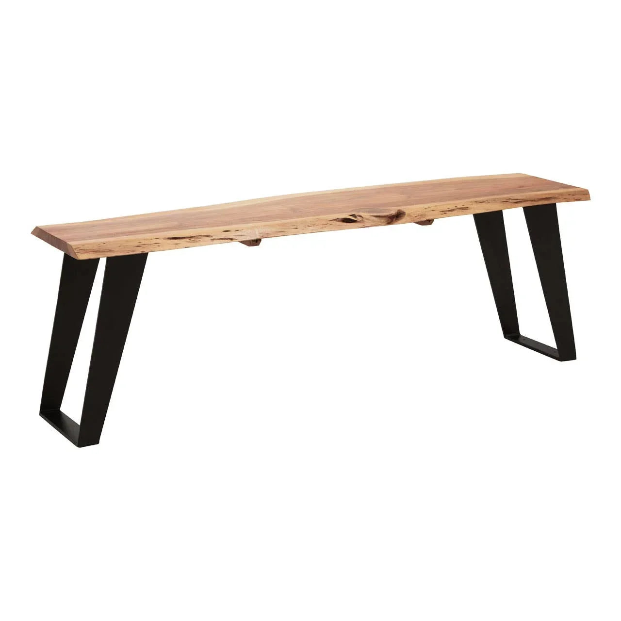 Rectangular wooden dining bench with natural grain and black metal angled legs