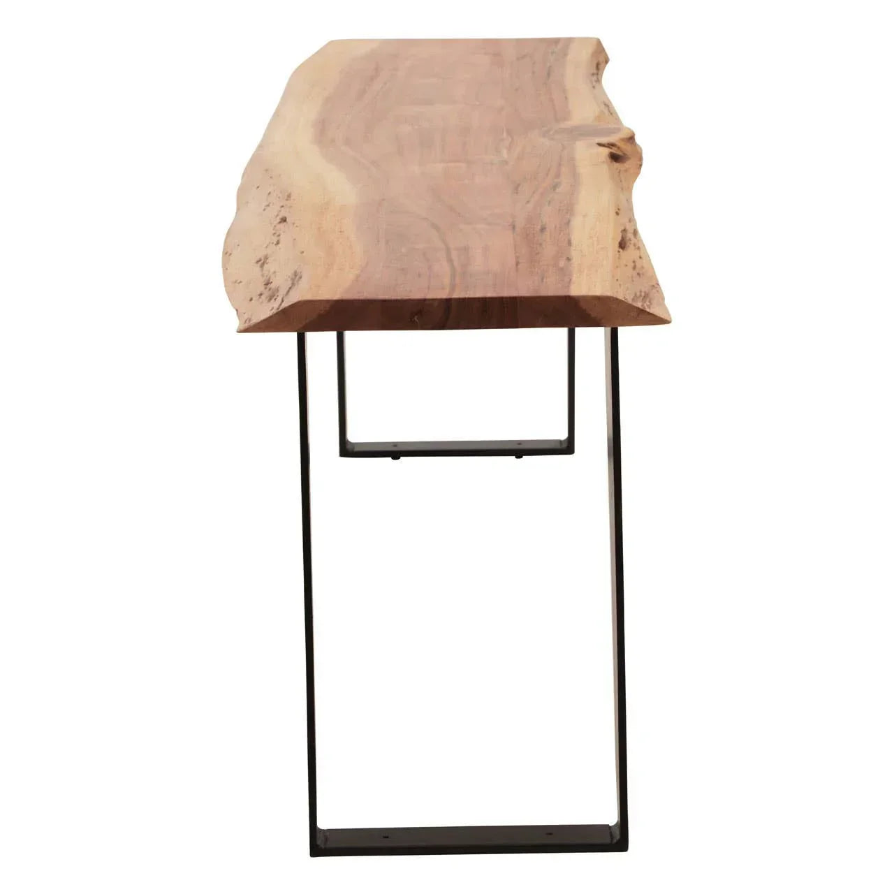 Solid wood dining table with live edge and black metal legs, front view