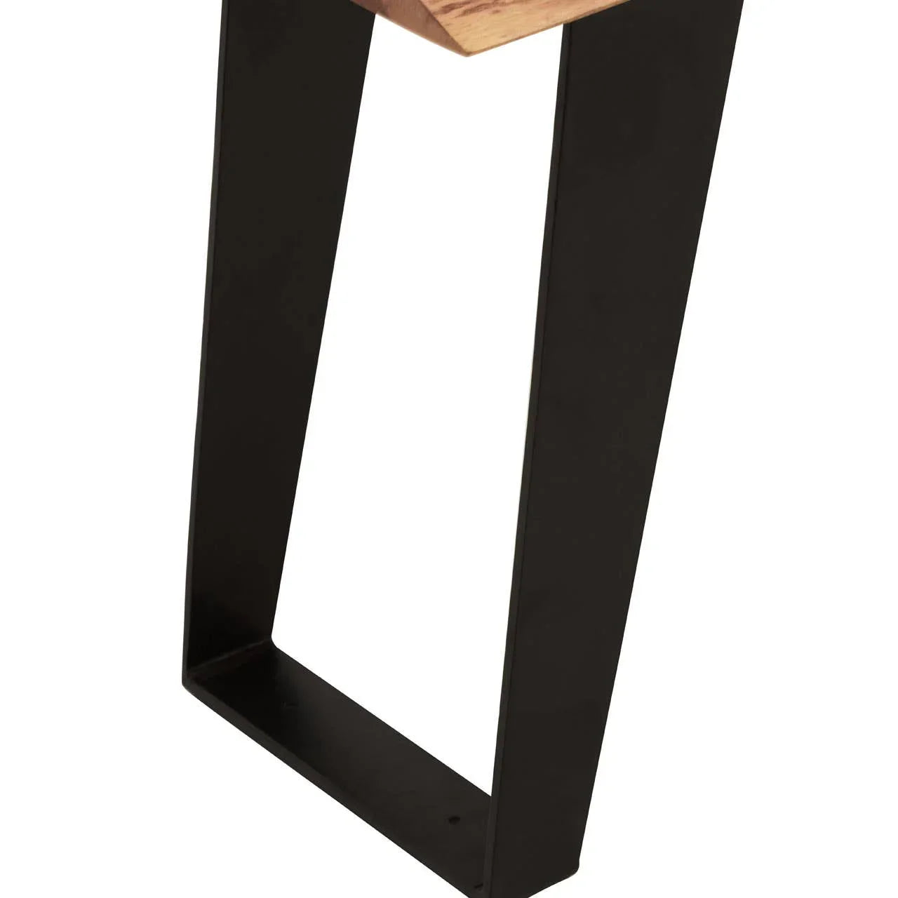 Close view of dining table black metal leg with light wood tabletop corner