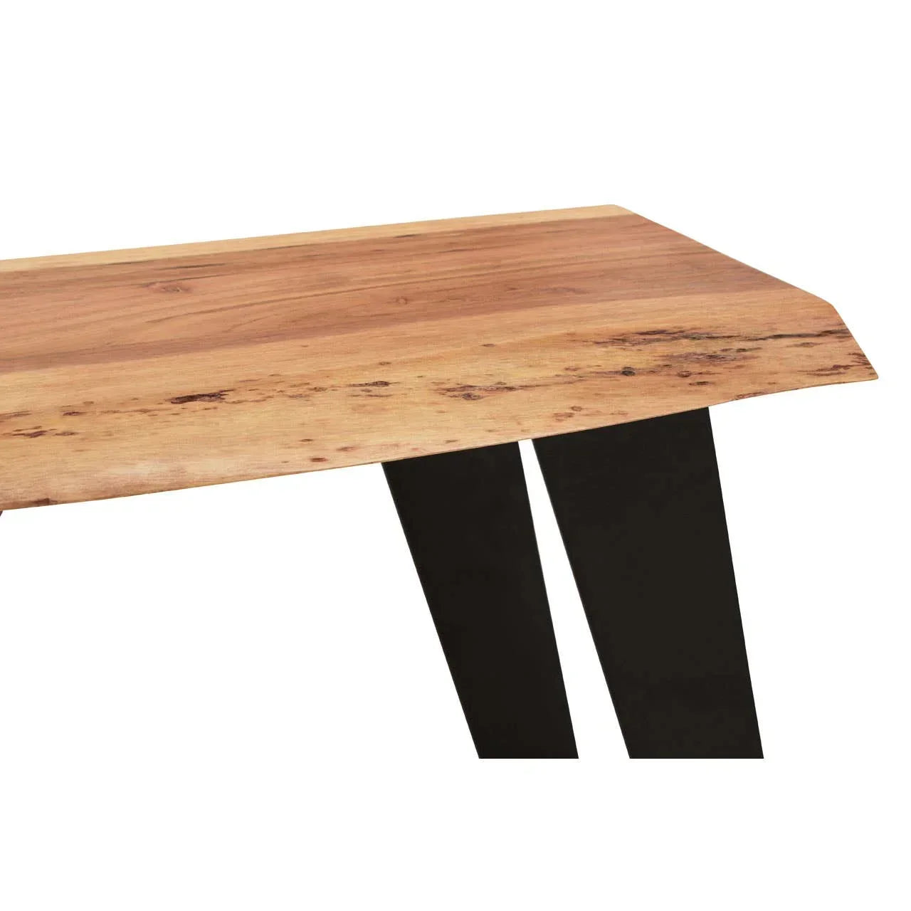 Rectangular wooden dining table with black metal legs, natural wood grain close-up view
