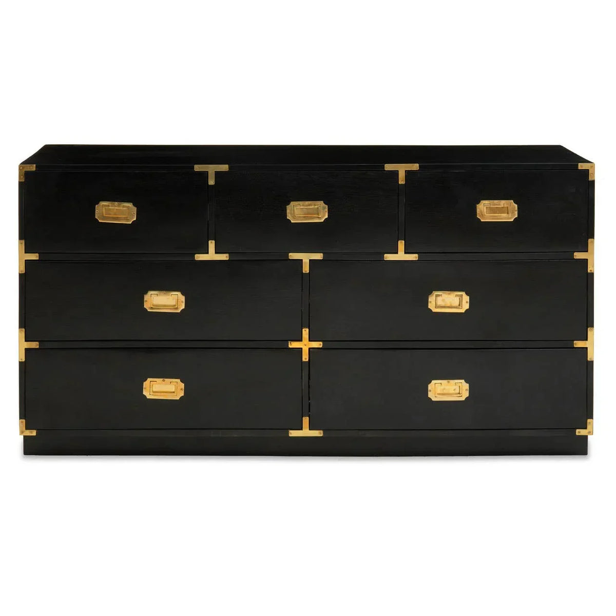 Black dresser with gold metal handles and corner accents, nine spacious storage drawers