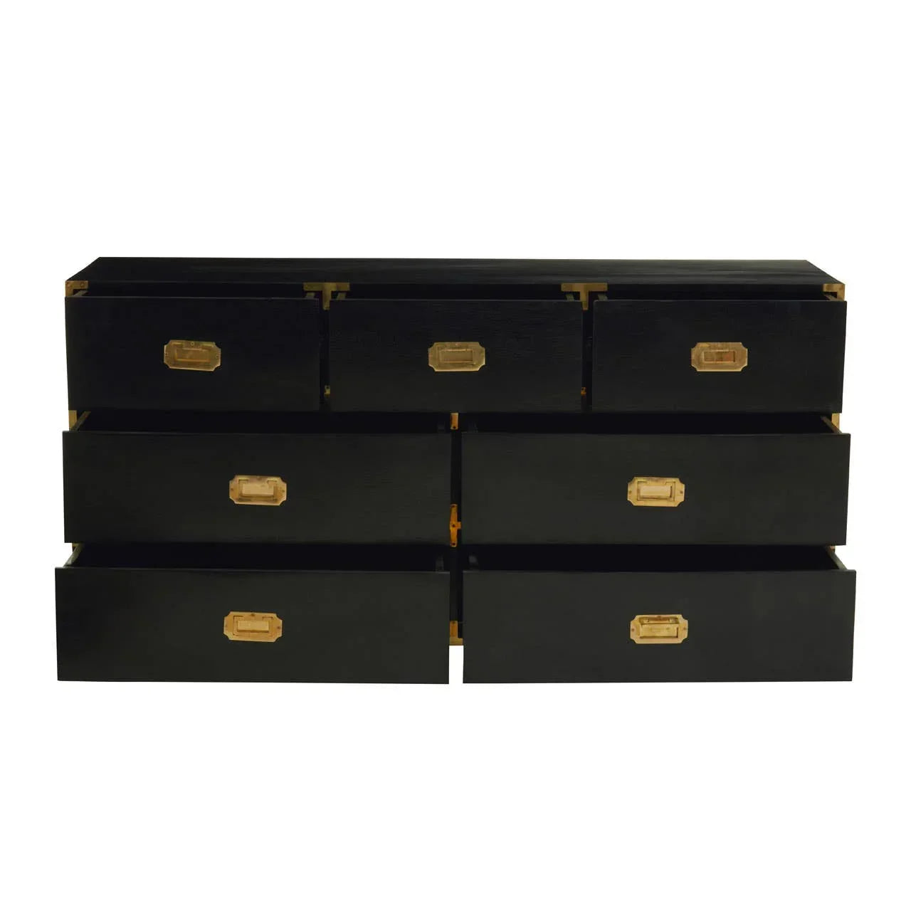 Black wood chest of drawers with brass handles and open drawers, front view