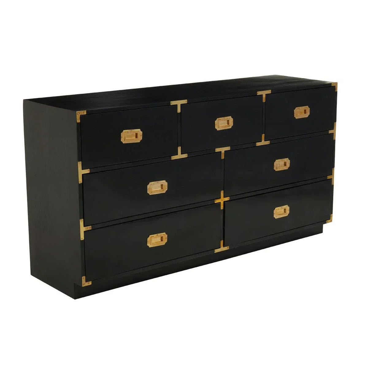Black chest of drawers with gold handles and corner accents, modern furniture