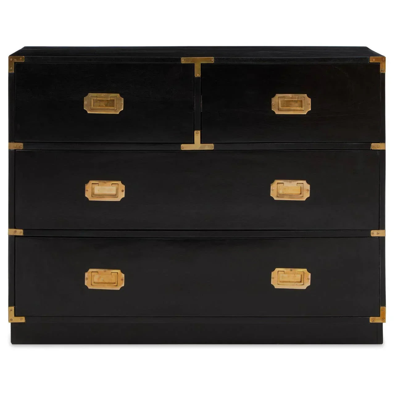Black wooden chest of drawers with brass handles and corner accents, front view