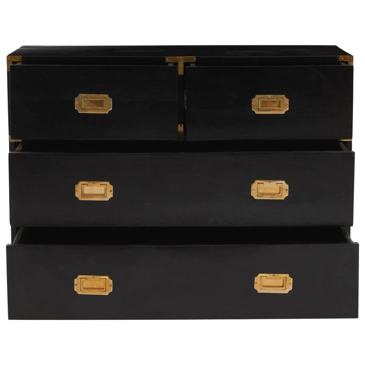 Black chest of drawers with brass handles and partially open drawers, front view