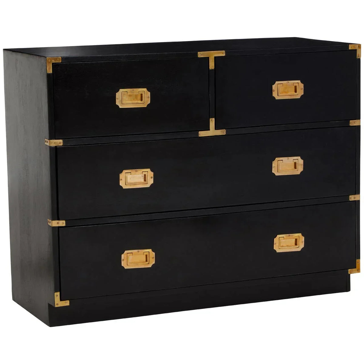 Black wooden chest of drawers with brass handles and corner accents, shown from the front