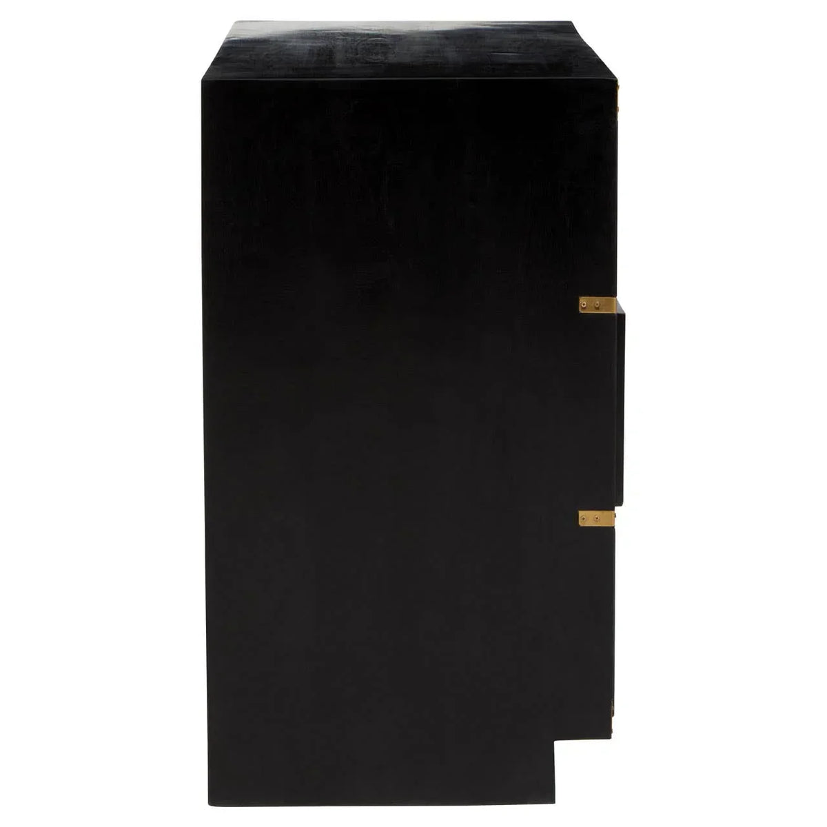 Side view of black wooden cabinet with brass hinges and handle