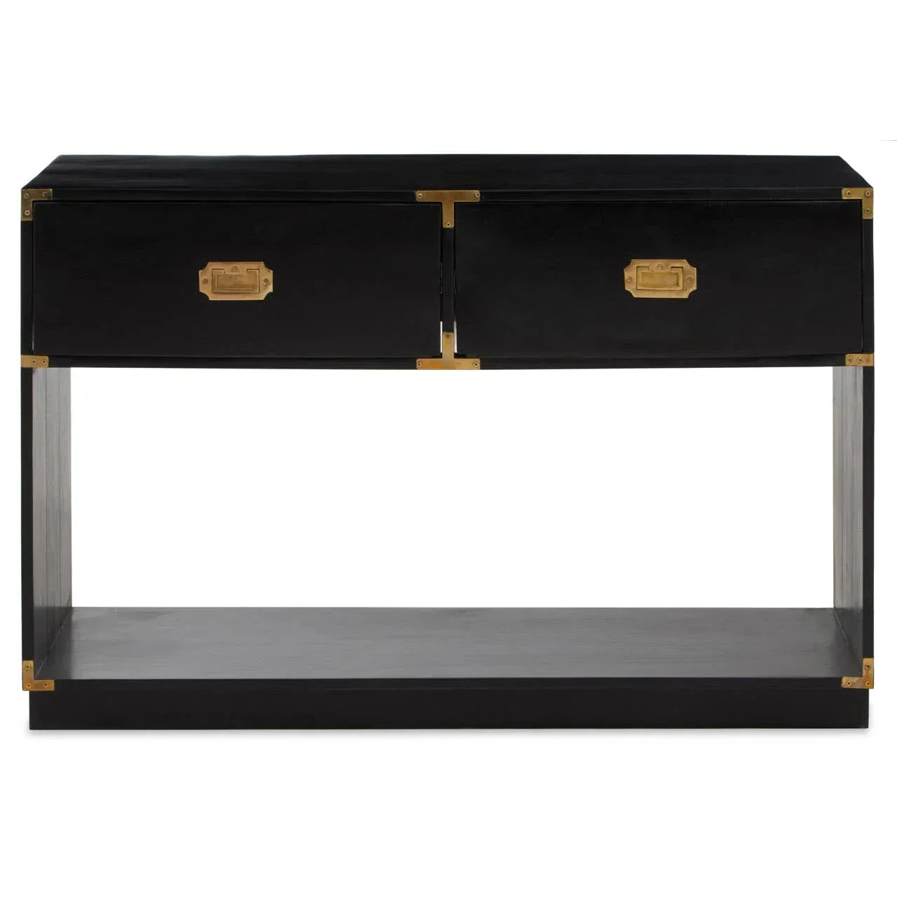 Black console table with two drawers, gold handles and open bottom shelf