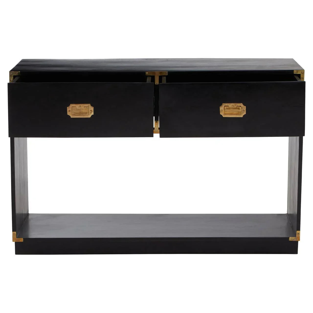 Black console table with gold metal handles, two open drawers and lower storage shelf