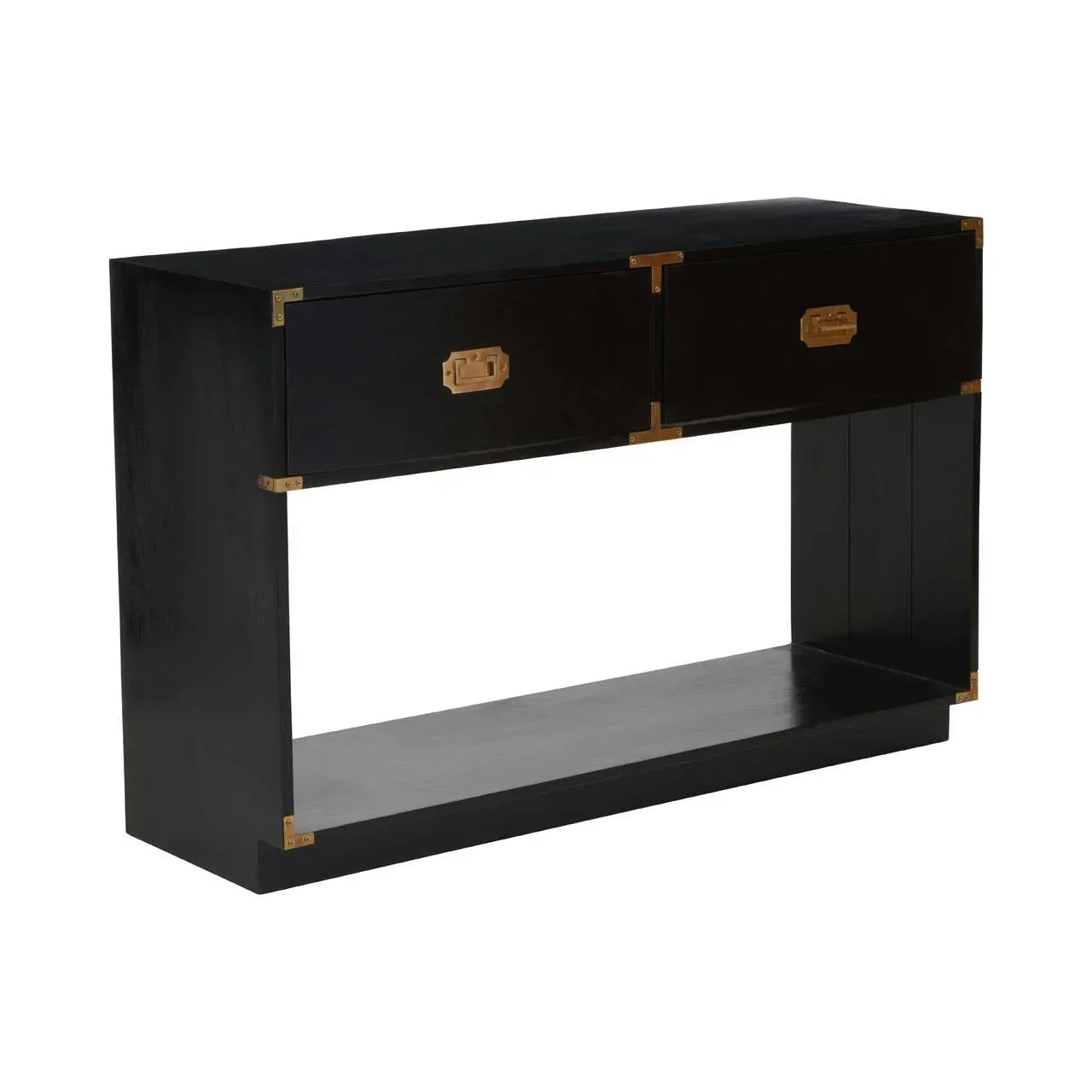 Black console table with two drawers, gold handles, and lower shelf, angled front view