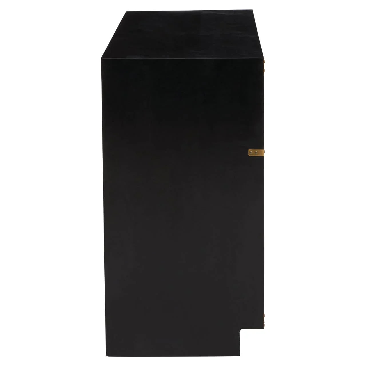 Side view of black storage cabinet with minimal design and brass hinge detail