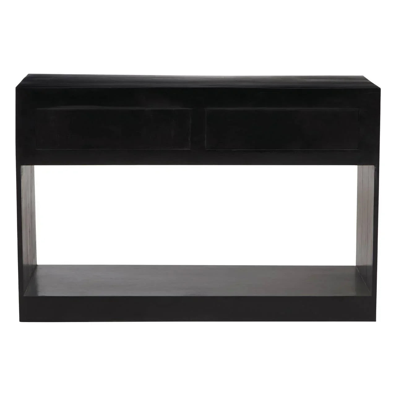 Black wooden console table with two drawers and open lower shelf, front view