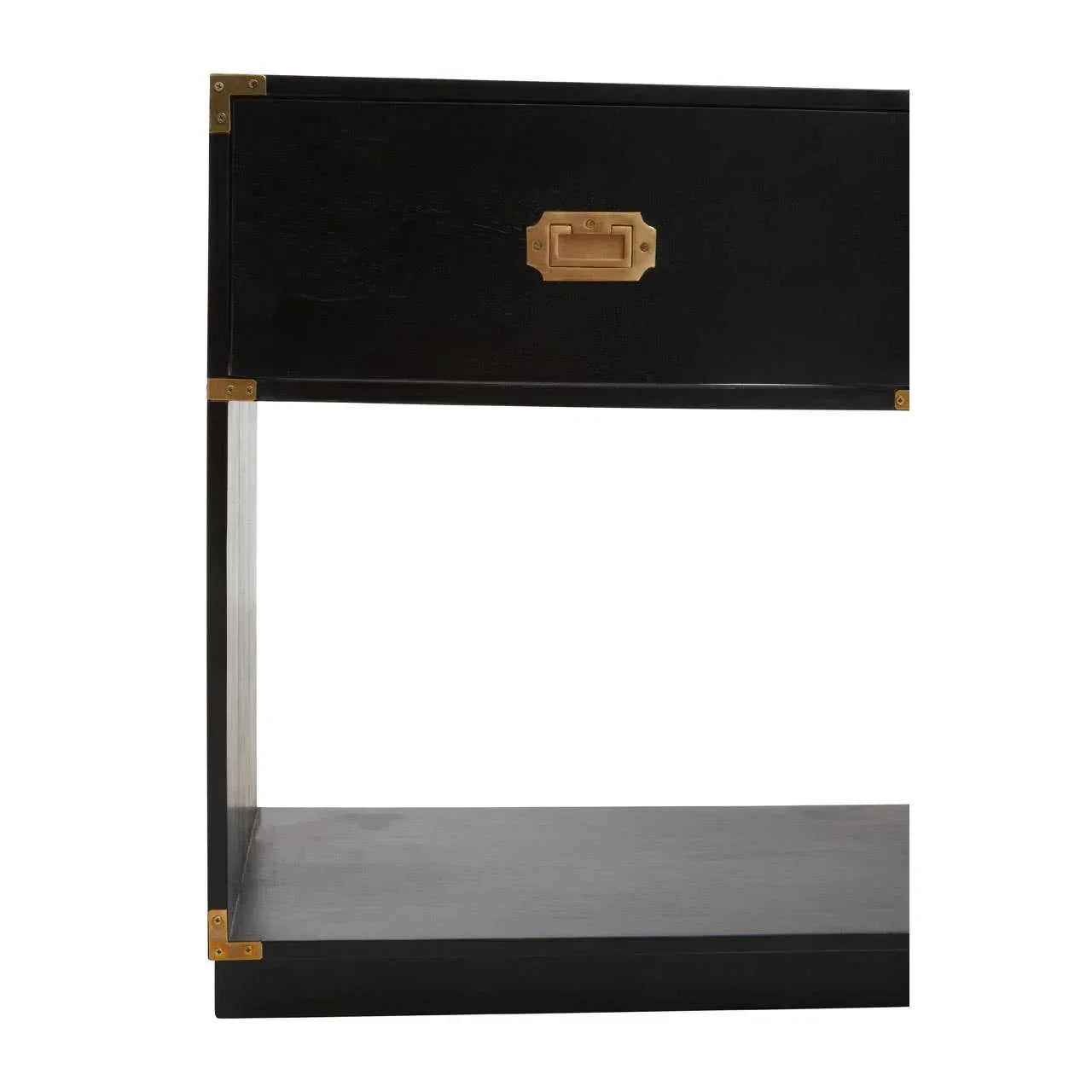 Black wooden bedside table with brass handle and open lower shelf