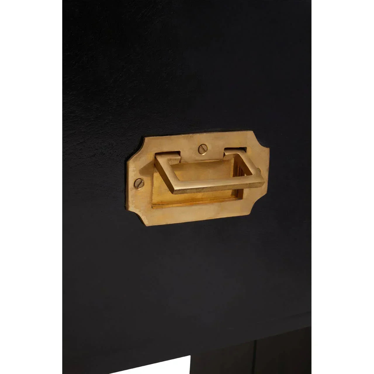 Brass drawer handle on black wooden furniture, close up showing hardware detail