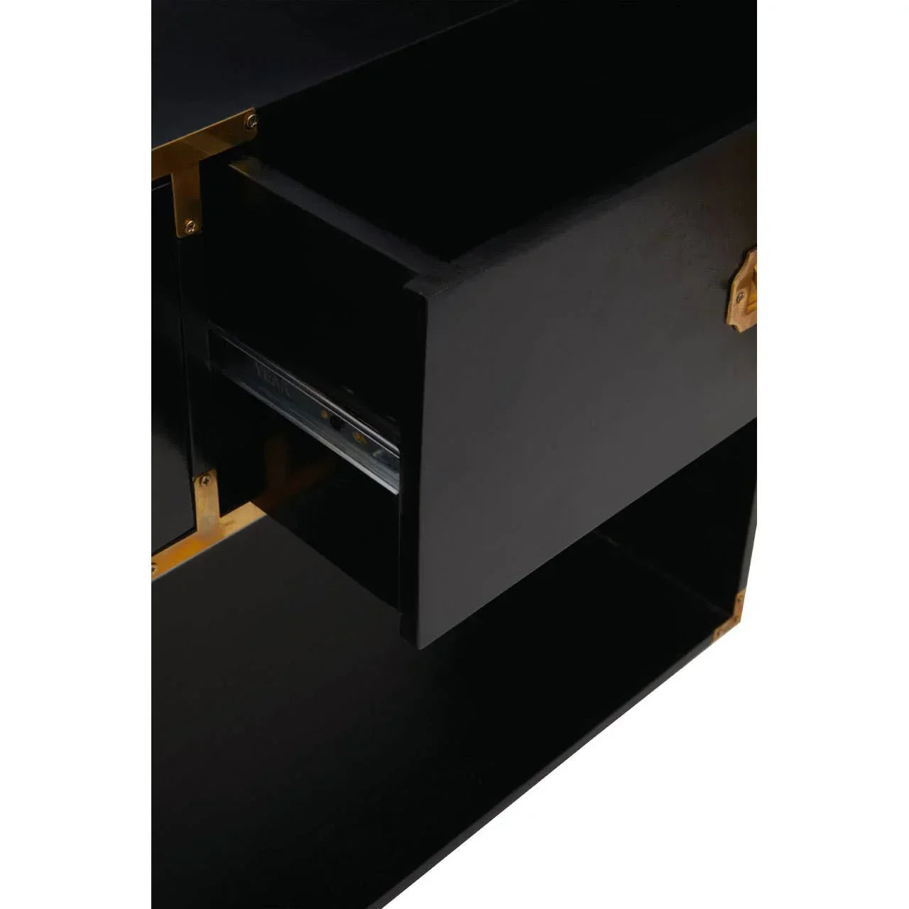 Black sideboard drawer with gold metal accents and open storage shelf