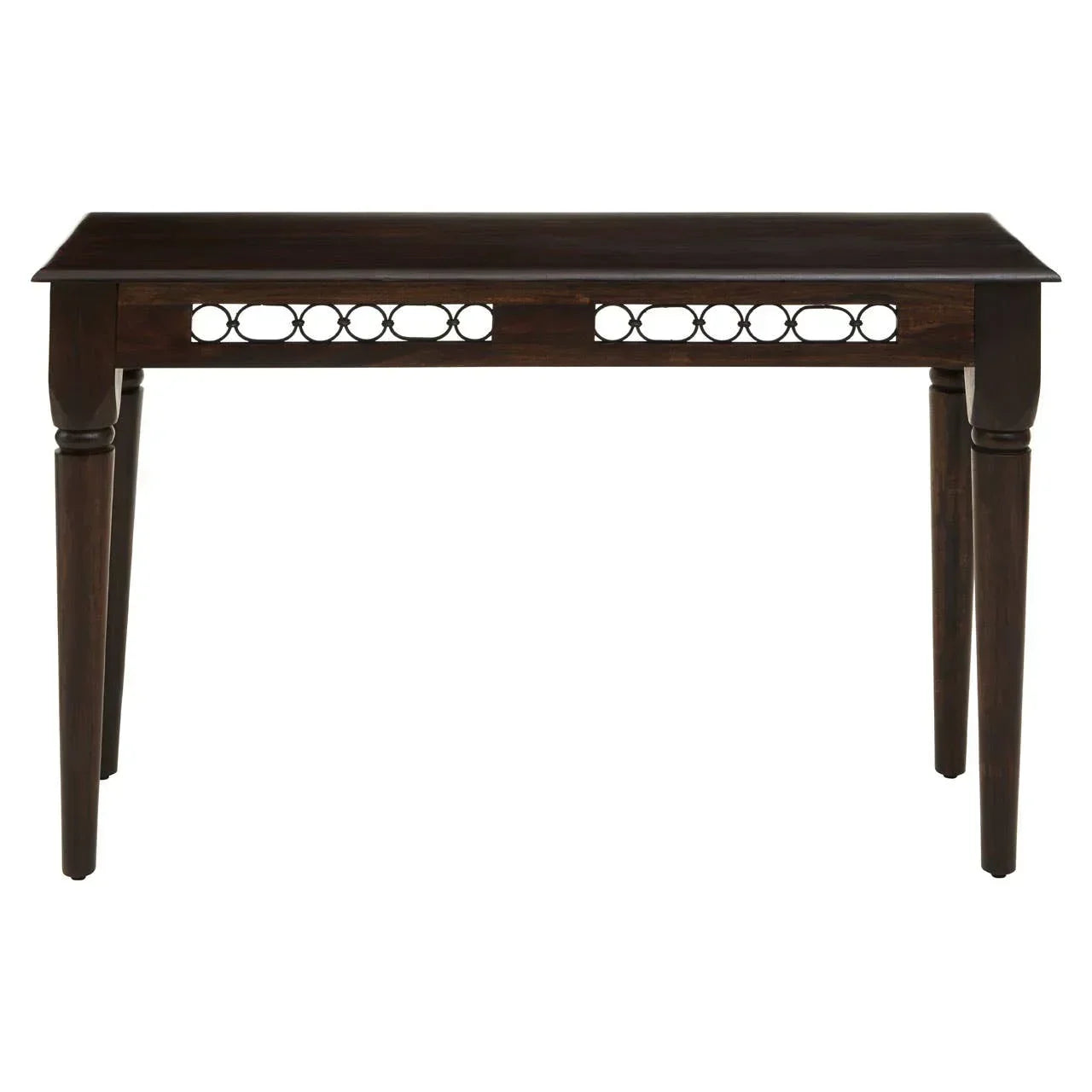 Dark wood console table with decorative front detail and tapered legs