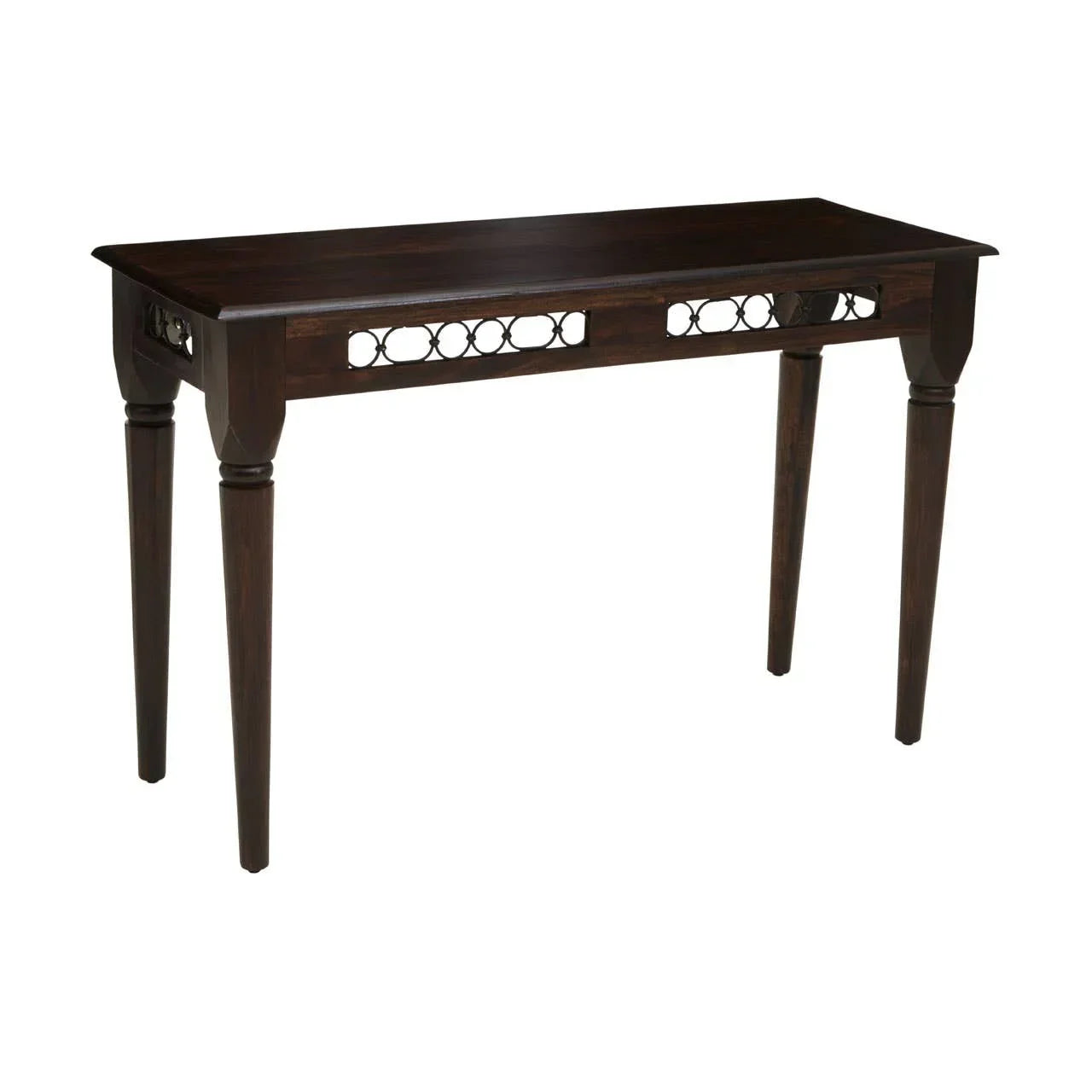 Dark wood console table with decorative circular metal accents and tapered legs