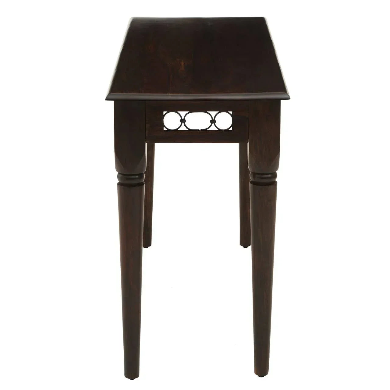 Dark wood console table with decorative apron detail, front view
