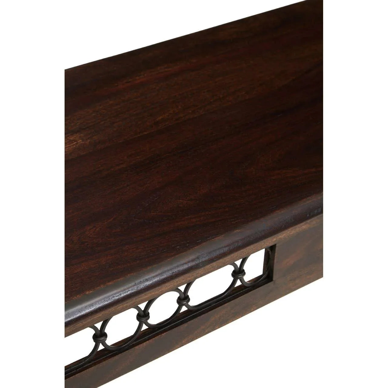 Dark wood table top with metal lattice detail along the side edge