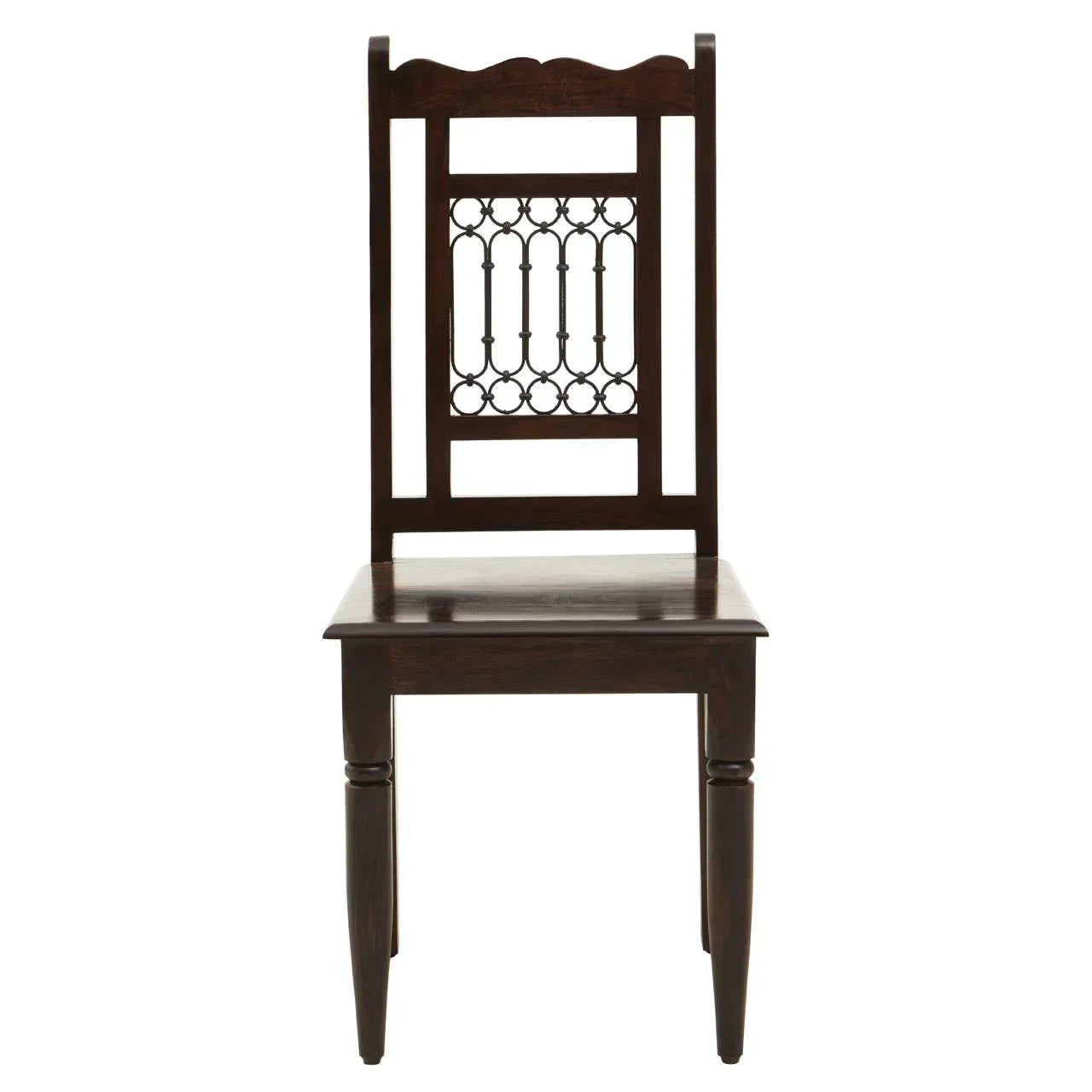 Dark wood dining chair with patterned backrest and straight legs, front view