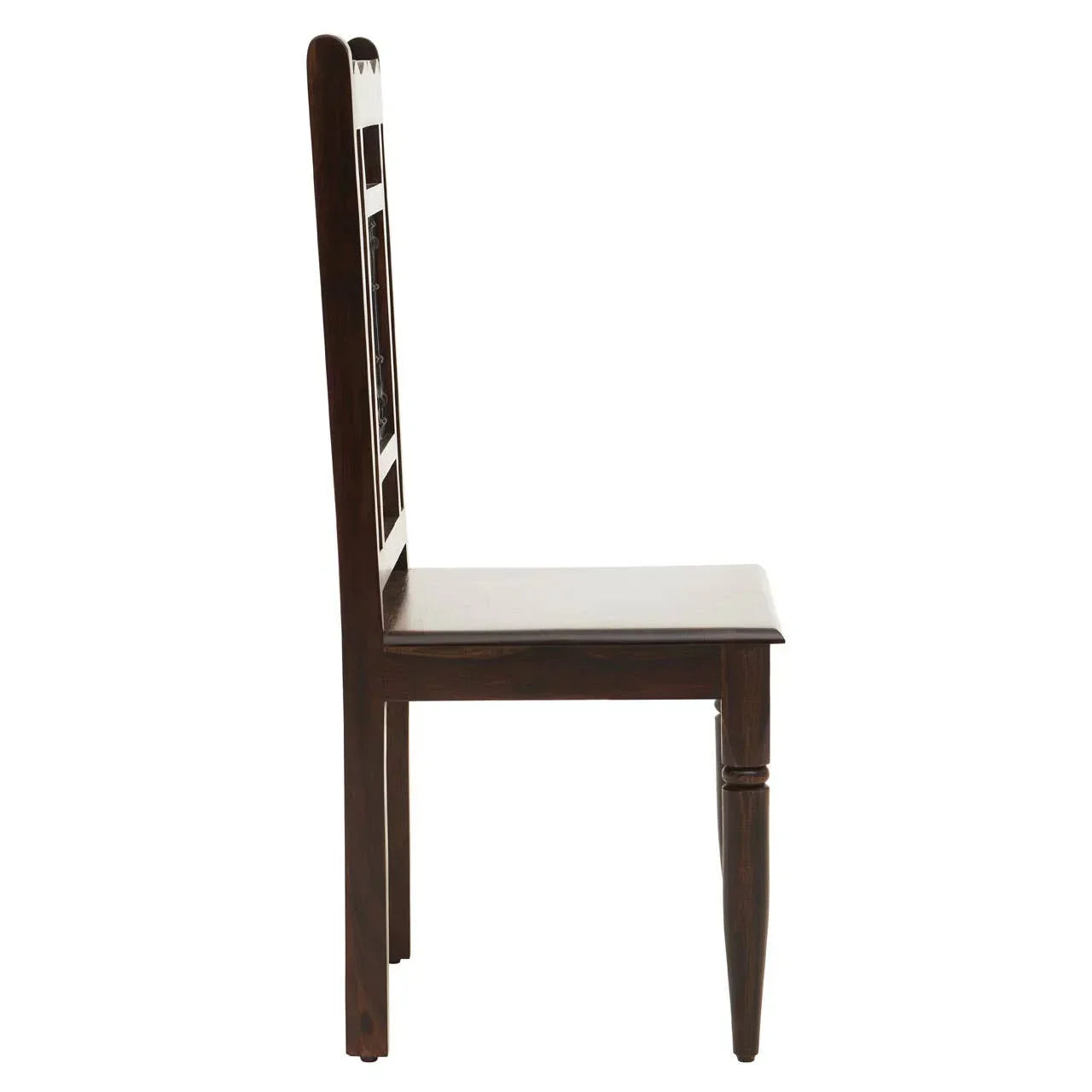 Side view of wooden dining chair with decorative backrest and straight legs