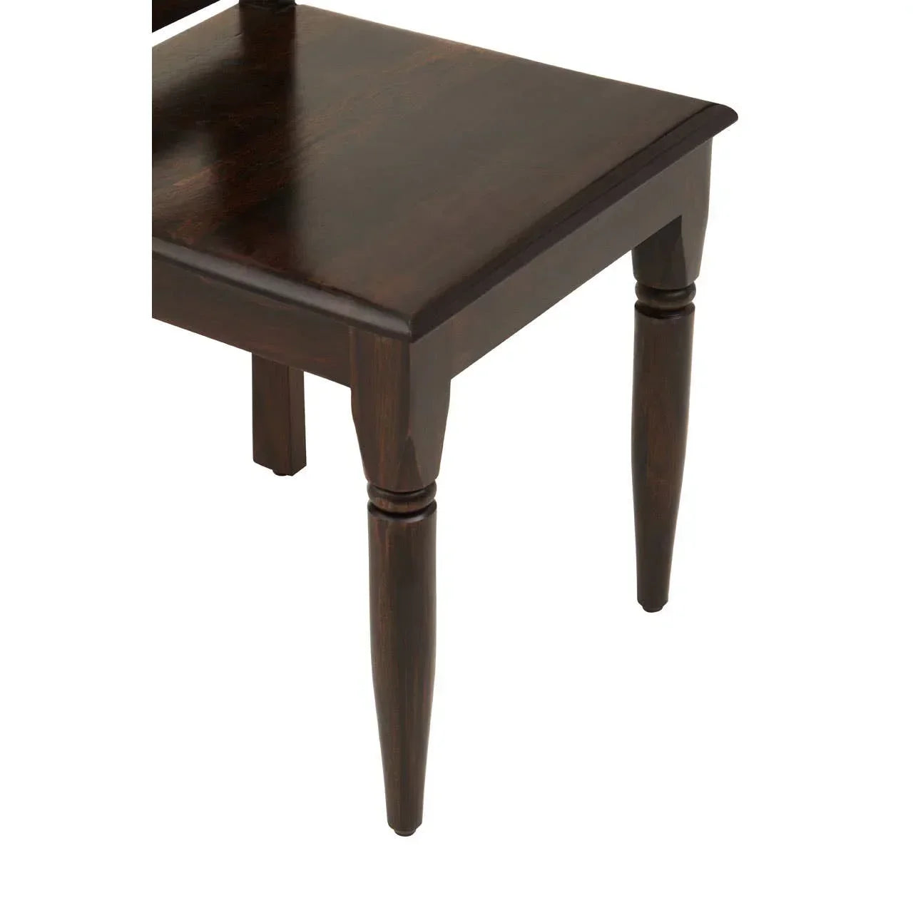 Dark wood dining chair with square seat and turned legs, close-up view