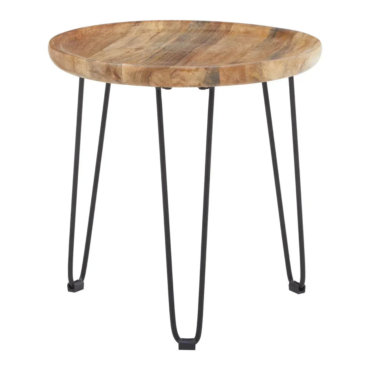 Round wooden side table with black metal hairpin legs
