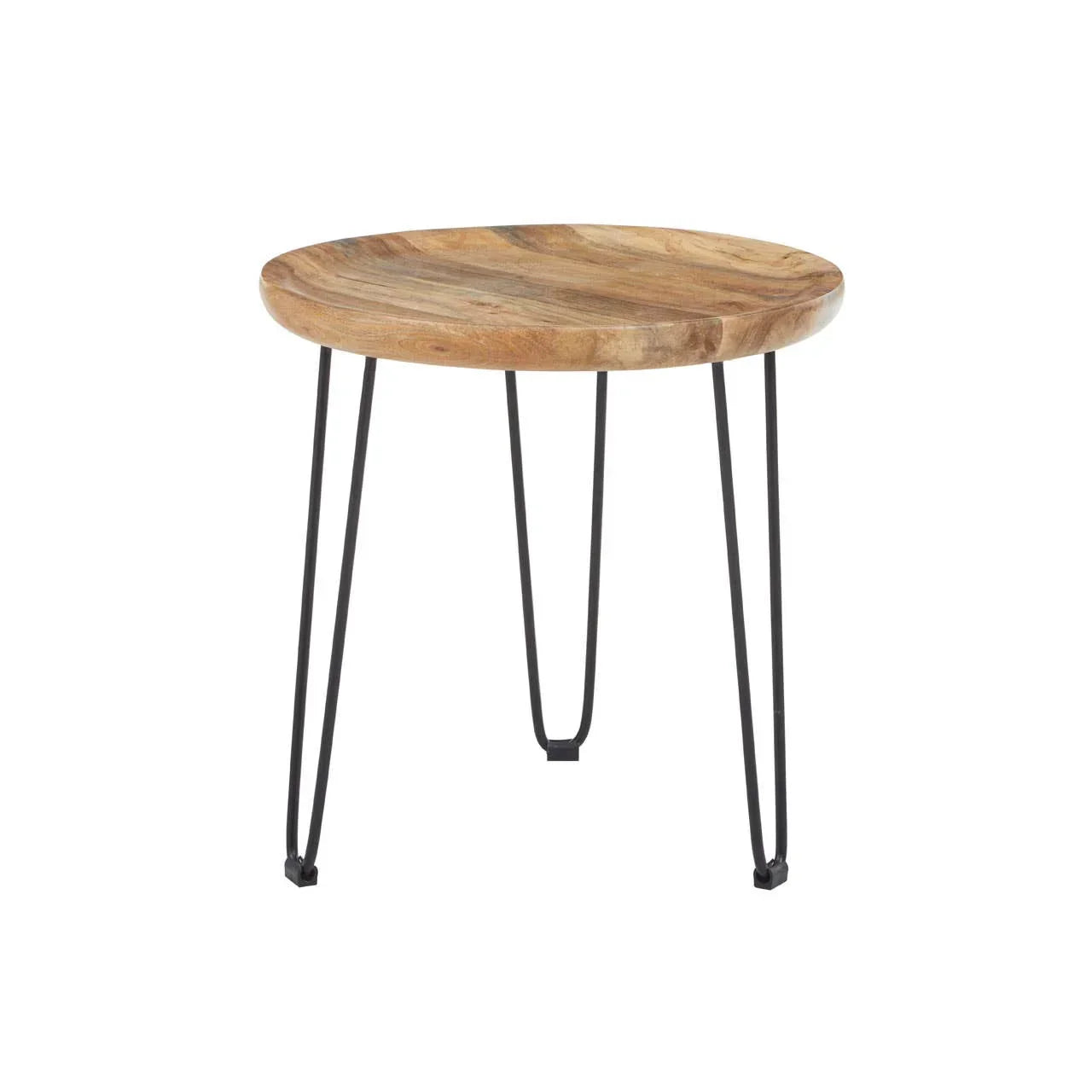 Round wooden side table with hairpin metal legs on white background
