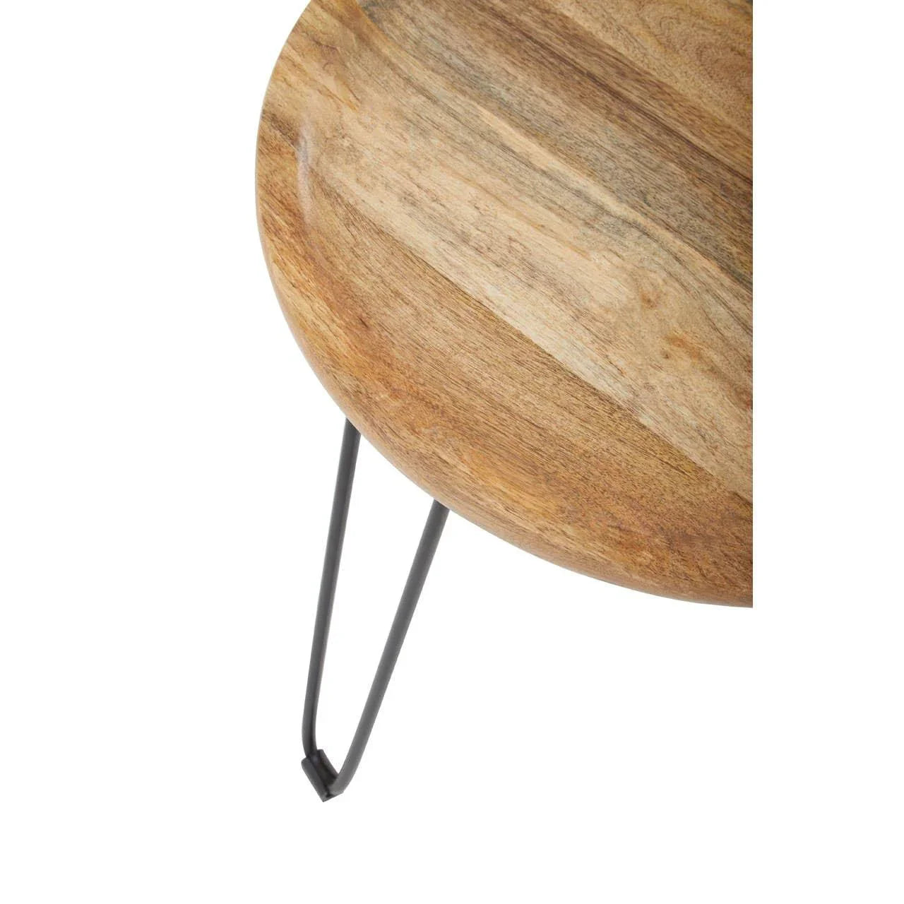 Round wooden side table top with black metal hairpin leg, closeup view