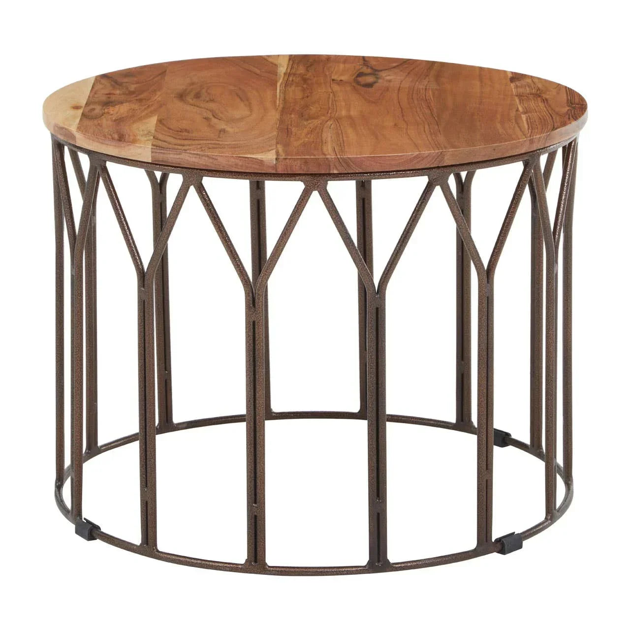 Round coffee table with natural wood top and geometric metal frame base