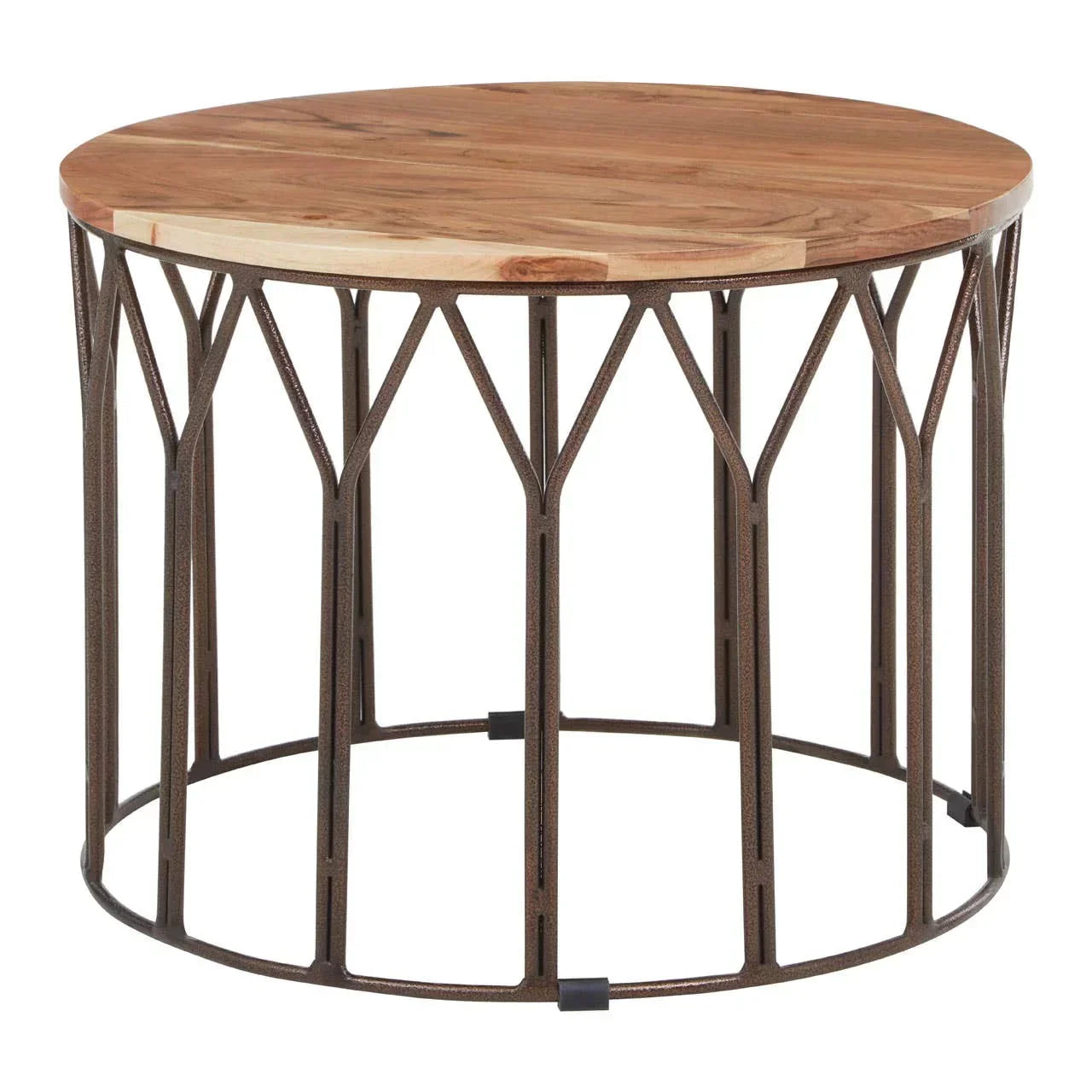 Round coffee table with wooden top and geometric bronze metal base