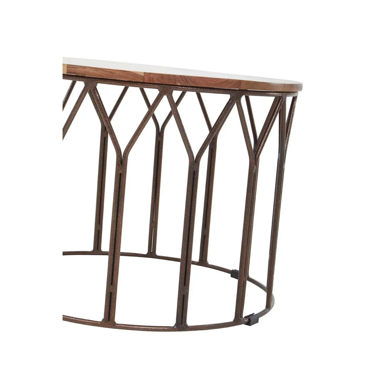 Round coffee table with wood top and geometric metal base, angled side view