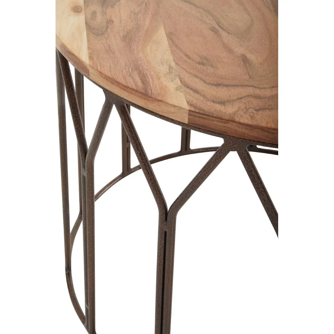 Round wood side table with metal geometric base, close angle on tabletop and frame