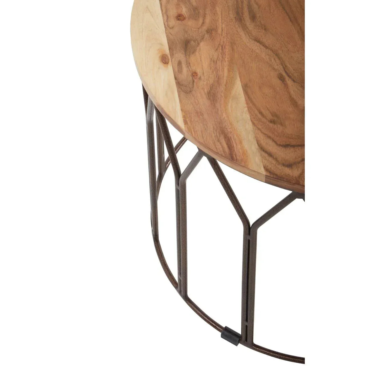 Round wood and metal coffee table with geometric black frame, close-up top view